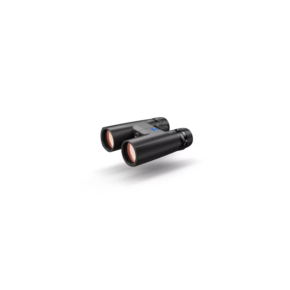 Black binoculars with orange lenses on a white background.