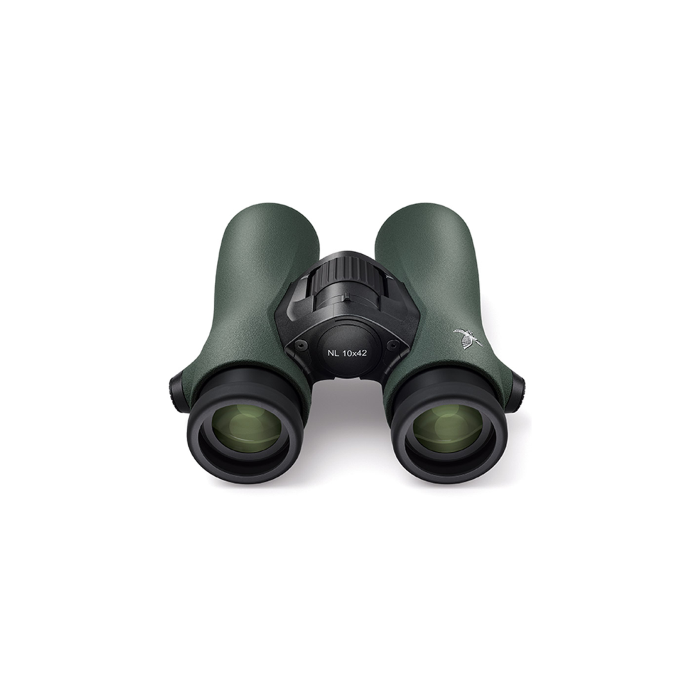 Green binoculars with a black focus wheel and lenses.