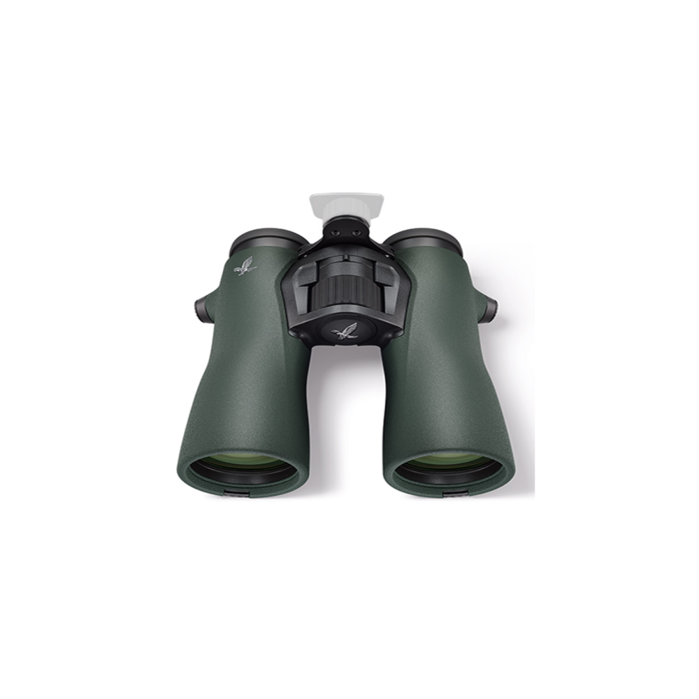 Green binoculars with black focus wheel and white cap on a white background.