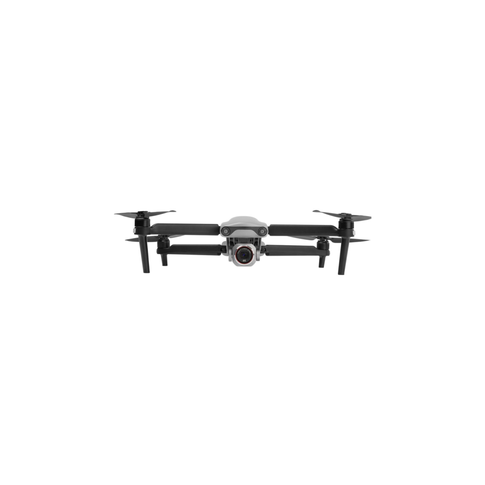 Een witte drone met zwarte propellers en een camera in het midden.