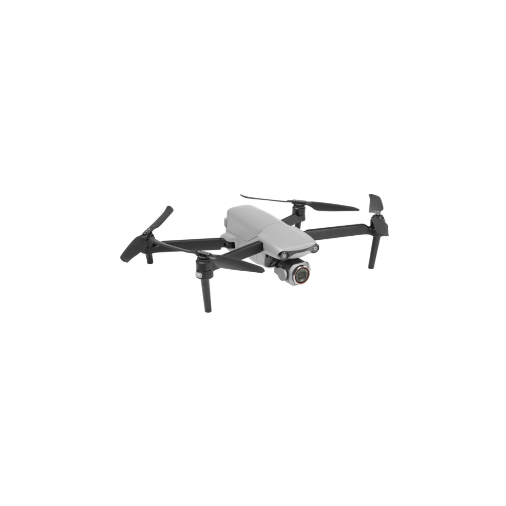 Een grijze drone met vier propellers en een camera in het midden.