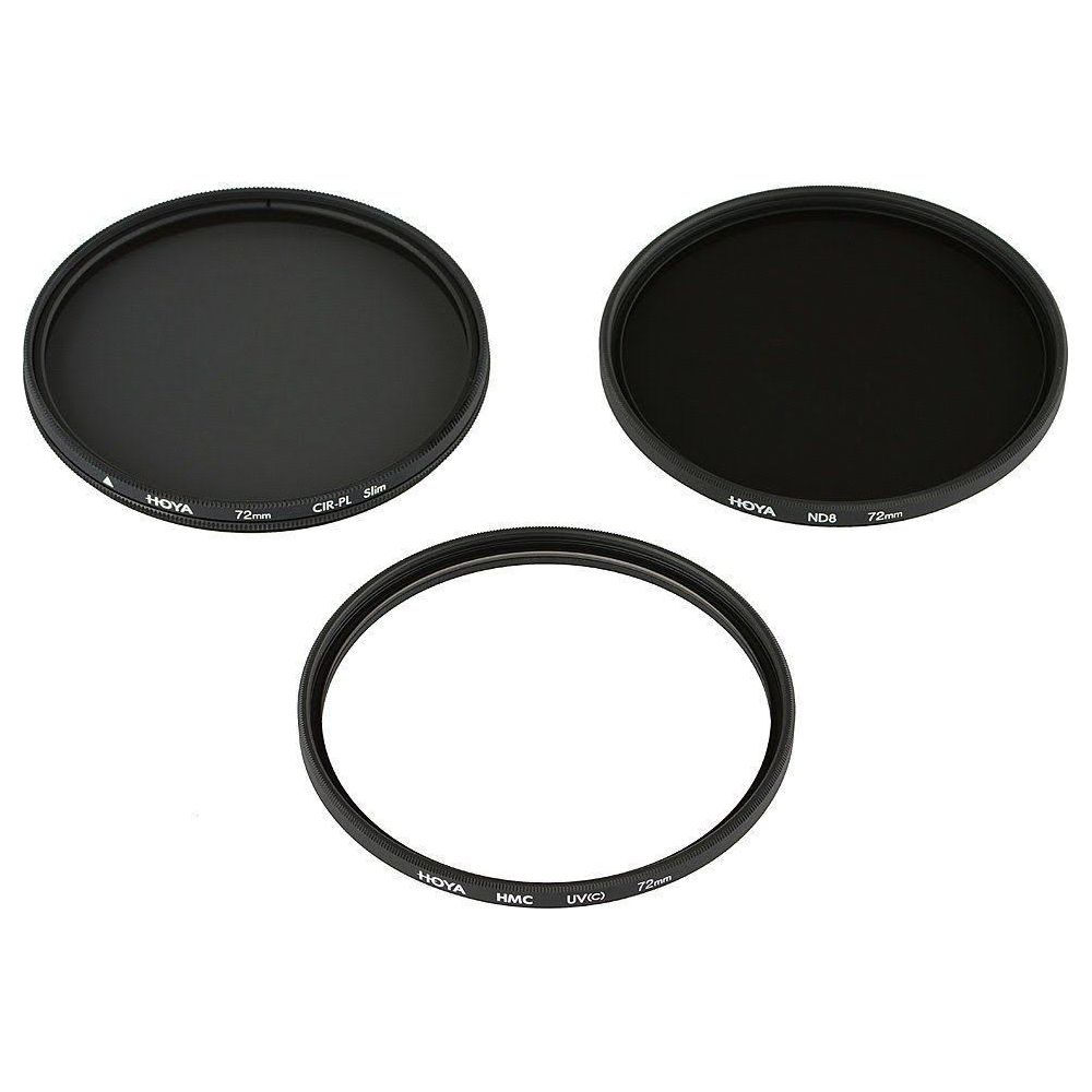Drie Hoya cameralensfilters: Cir-PL, ND8 en UV(C), alle 72mm.