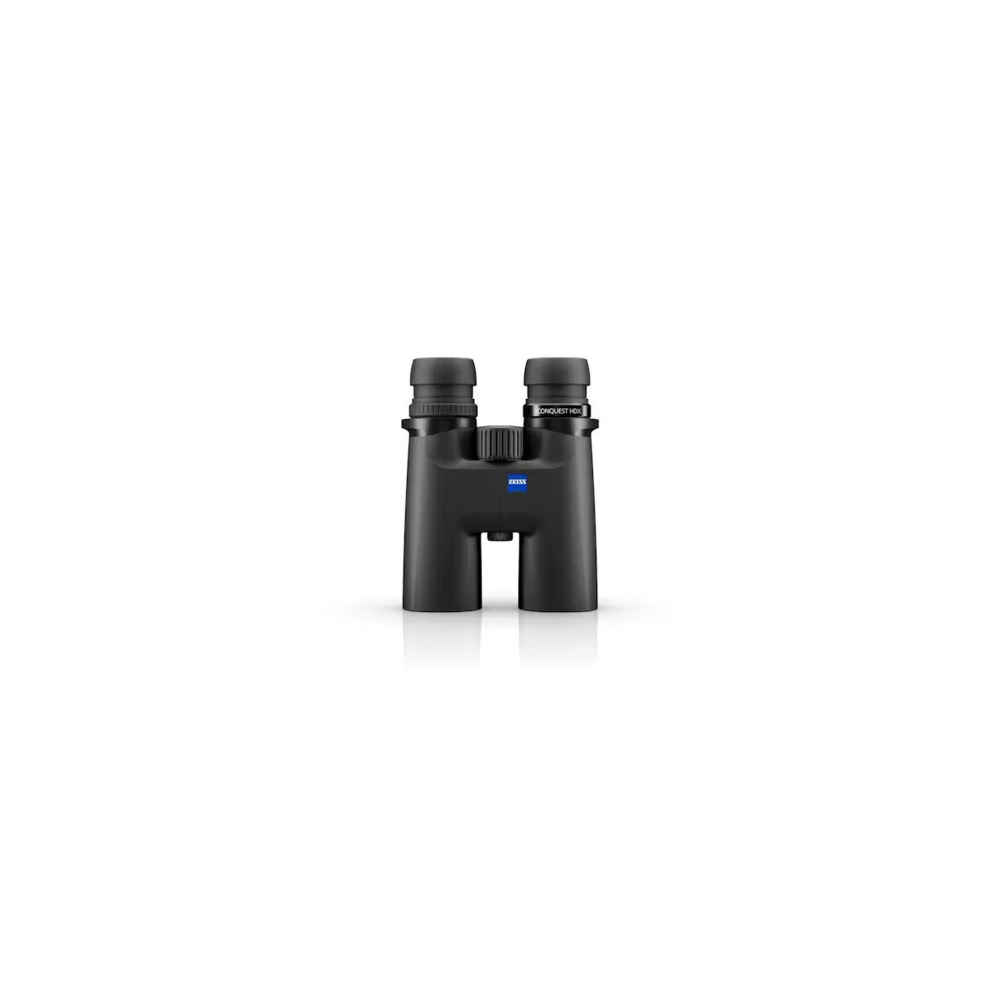 Black Zeiss binoculars with a blue logo and text.