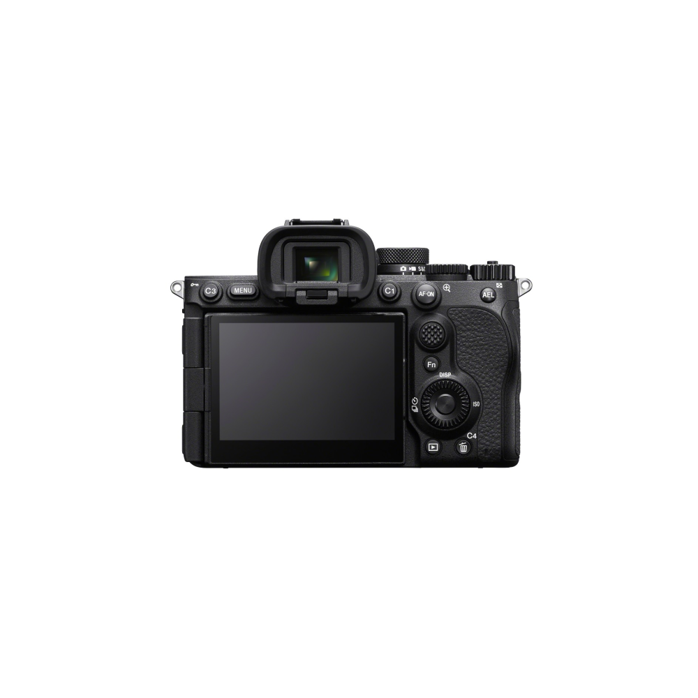 Back view of a black digital camera, showing the screen, viewfinder, and controls.