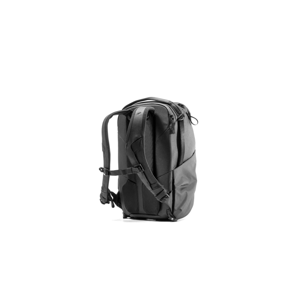 A black backpack with straps, shown from the side.