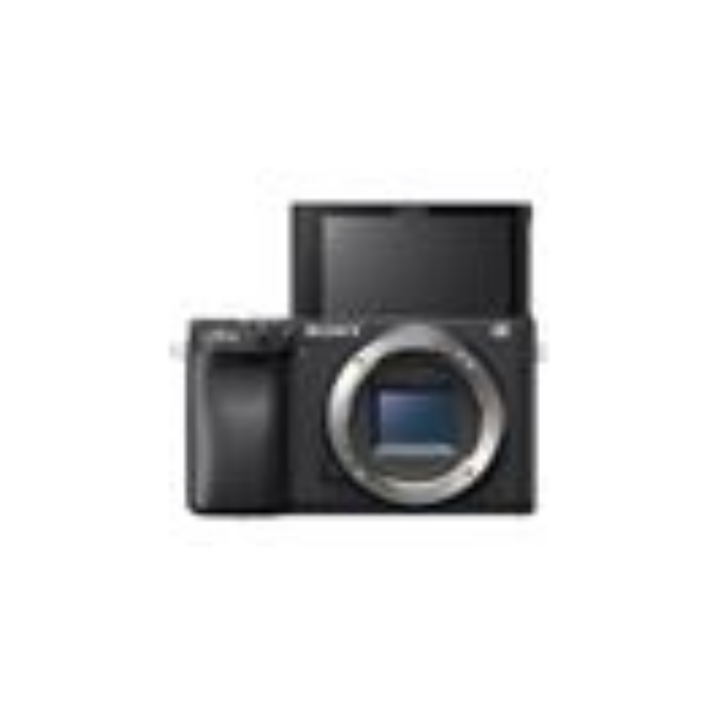 A black Sony camera with its LCD screen flipped up.