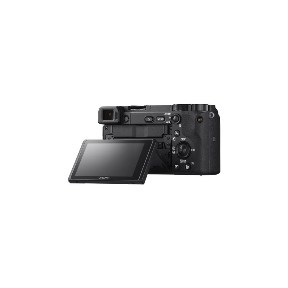 Black Sony camera with a flip-out screen and control buttons.