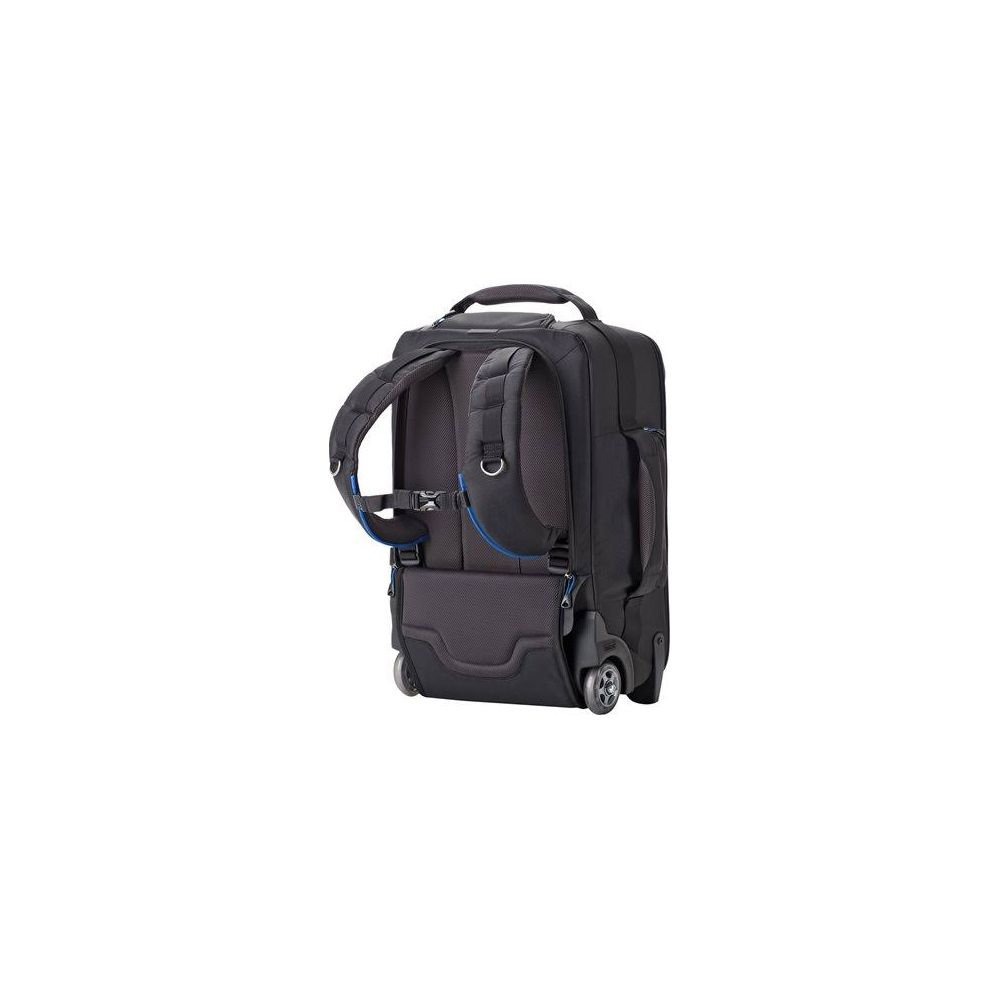 Black rolling suitcase backpack with padded straps and blue accents.