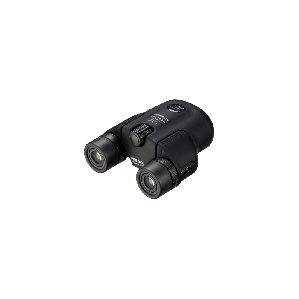 Black Pentax 8.5x21 7.0 binocular with focus wheel and lens caps.