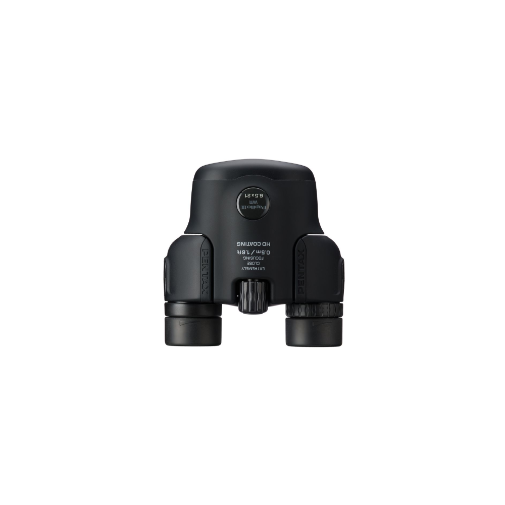 Black Pentax binoculars with focus wheel. Specs: Papilio III, 6.5x21.