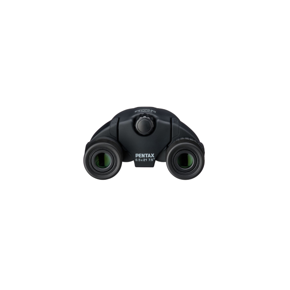 Black Pentax binoculars with green lenses and a focus wheel.