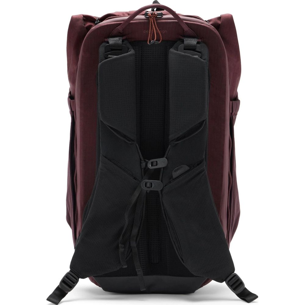 Back view of a maroon backpack with black padded shoulder straps and buckles.