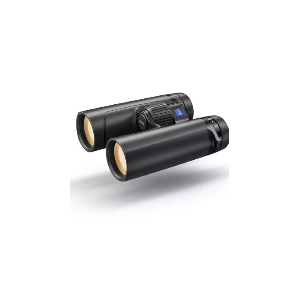 Black Zeiss binoculars with gold-tinted lenses on a white background.