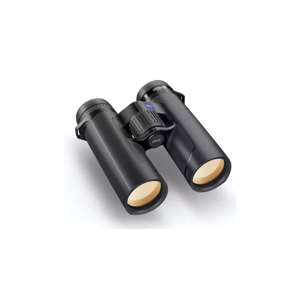 Black binoculars with yellow lenses and a focus wheel.