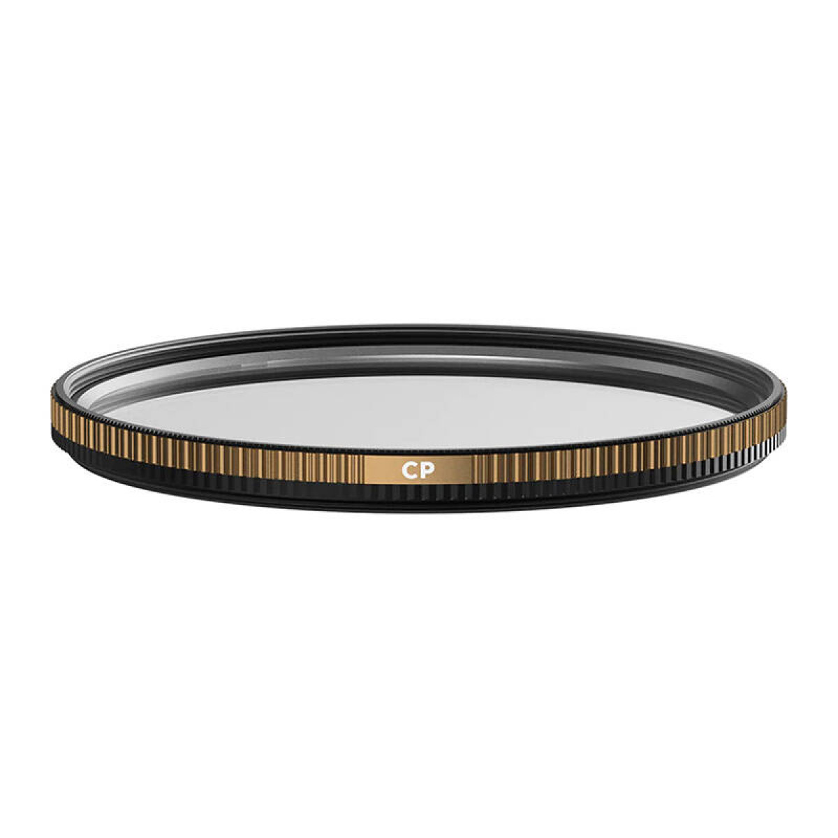 Een cirkelvormig polarisatiefilter met gouden rand en "CP"-markering.