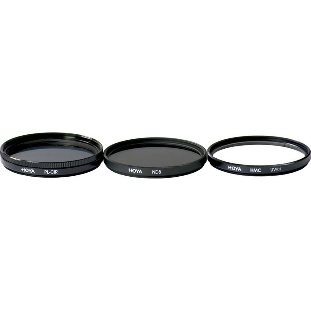 Three Hoya camera lens filters: PL-CIR, ND8, and HMC UV(C) on a white background.