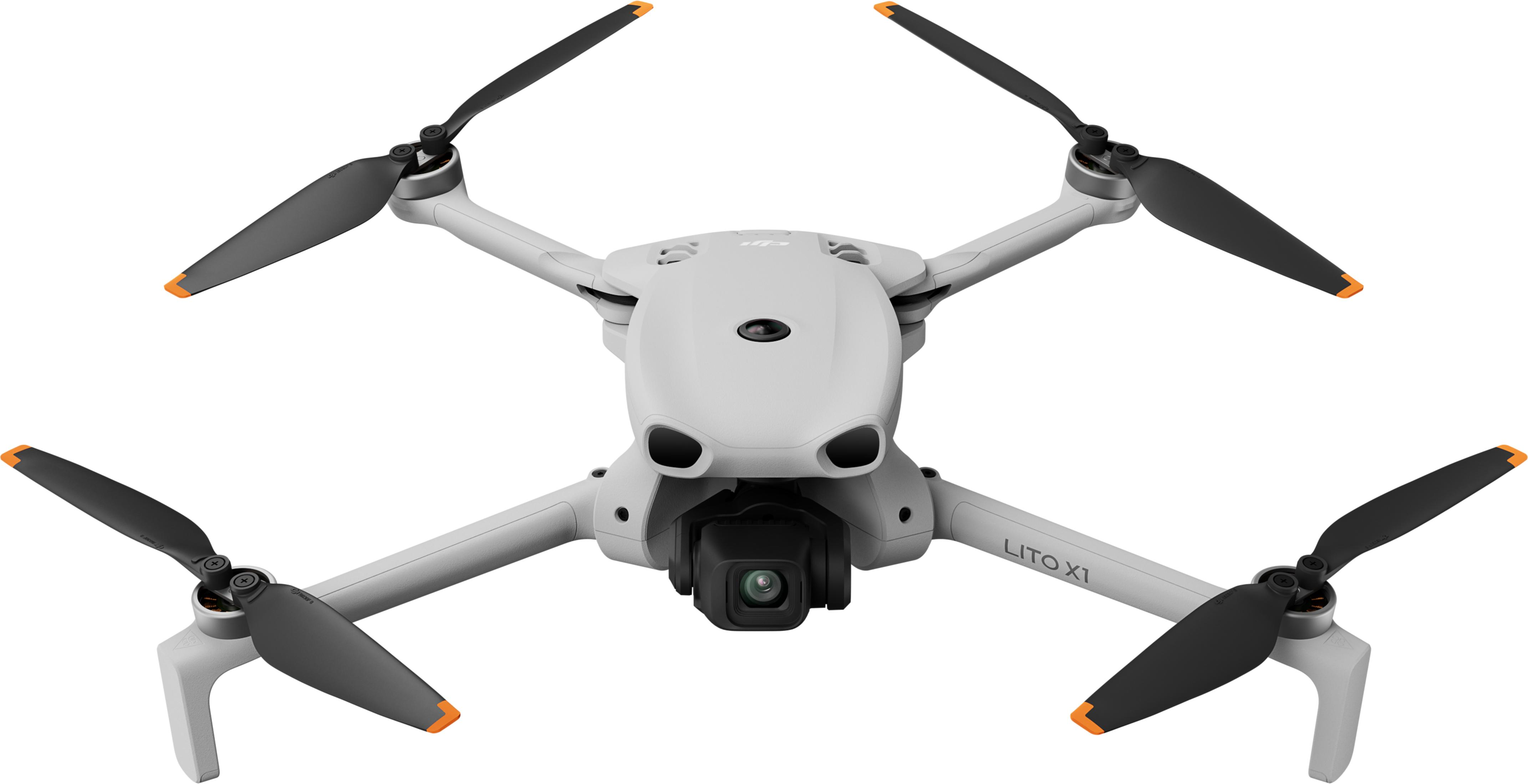 Un modelo de dron blanco con cuatro hélices negras con puntas naranjas.