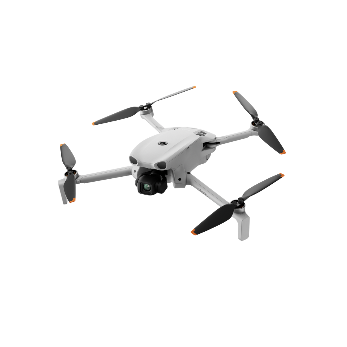 Un dron cuadricóptero blanco con cámara y puntas naranjas en sus hélices.