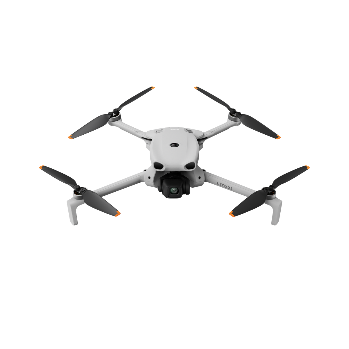 Un modelo de dron blanco con cardán negro y puntas de hélice naranjas.