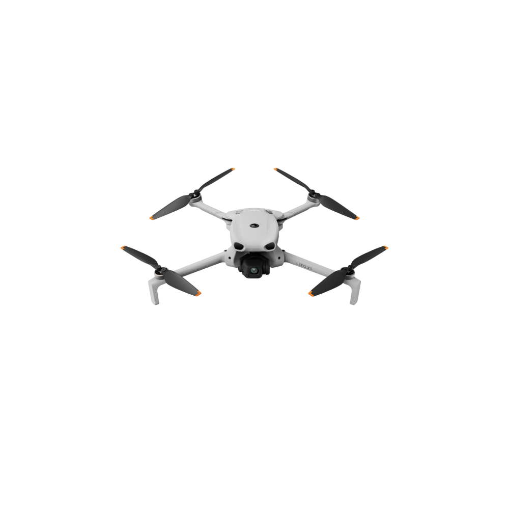 Un mini dron blanco con cuatro hélices y una cámara frontal.