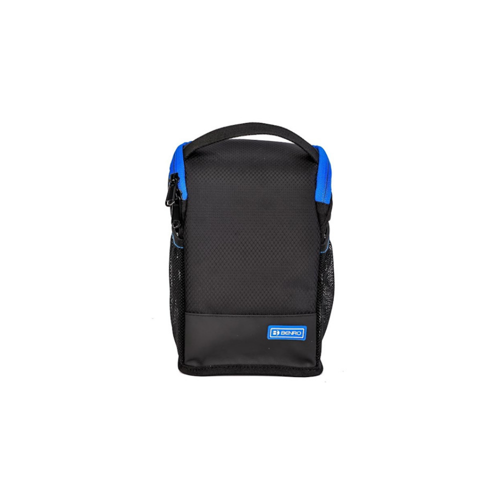 Black camera bag with blue accents and a top handle.