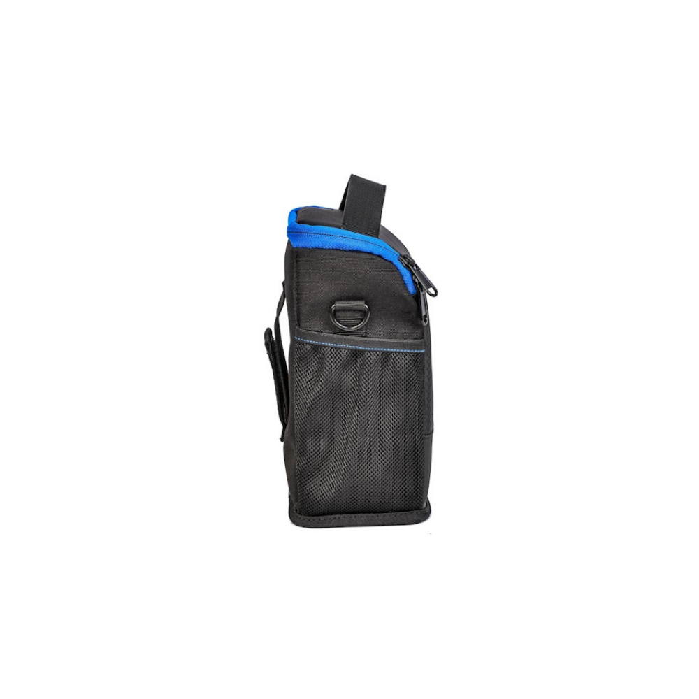 Black bag with blue accents and mesh fabric, on a white background.