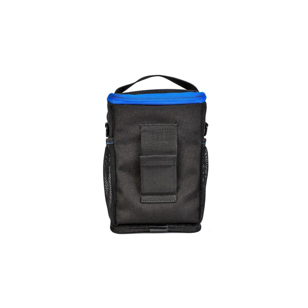 Black bag with blue trim and handle, mesh sides, and a strap attachment.