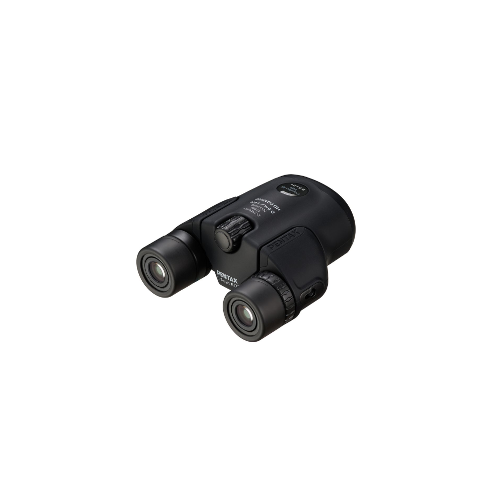 Black Pentax binoculars with a focus wheel and lens caps.