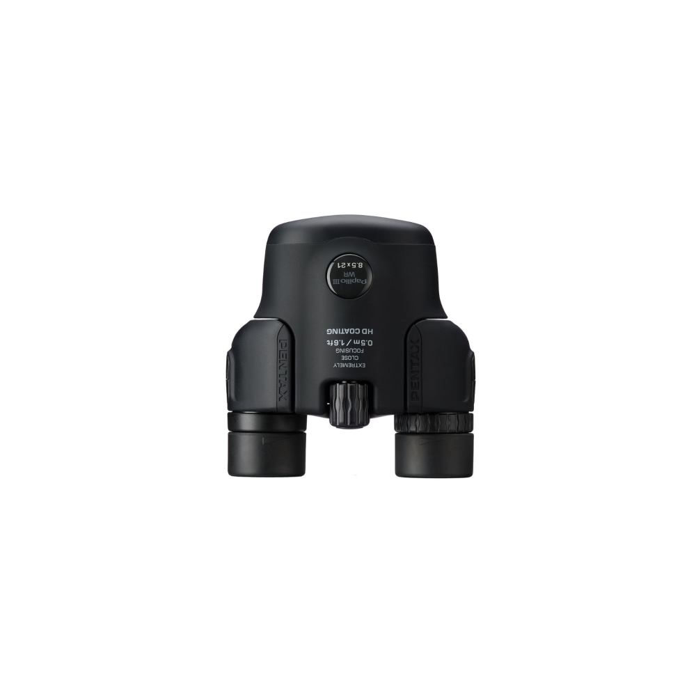 Black Pentax Papilio III 8.5x21 HD binoculars with focus wheel and text.