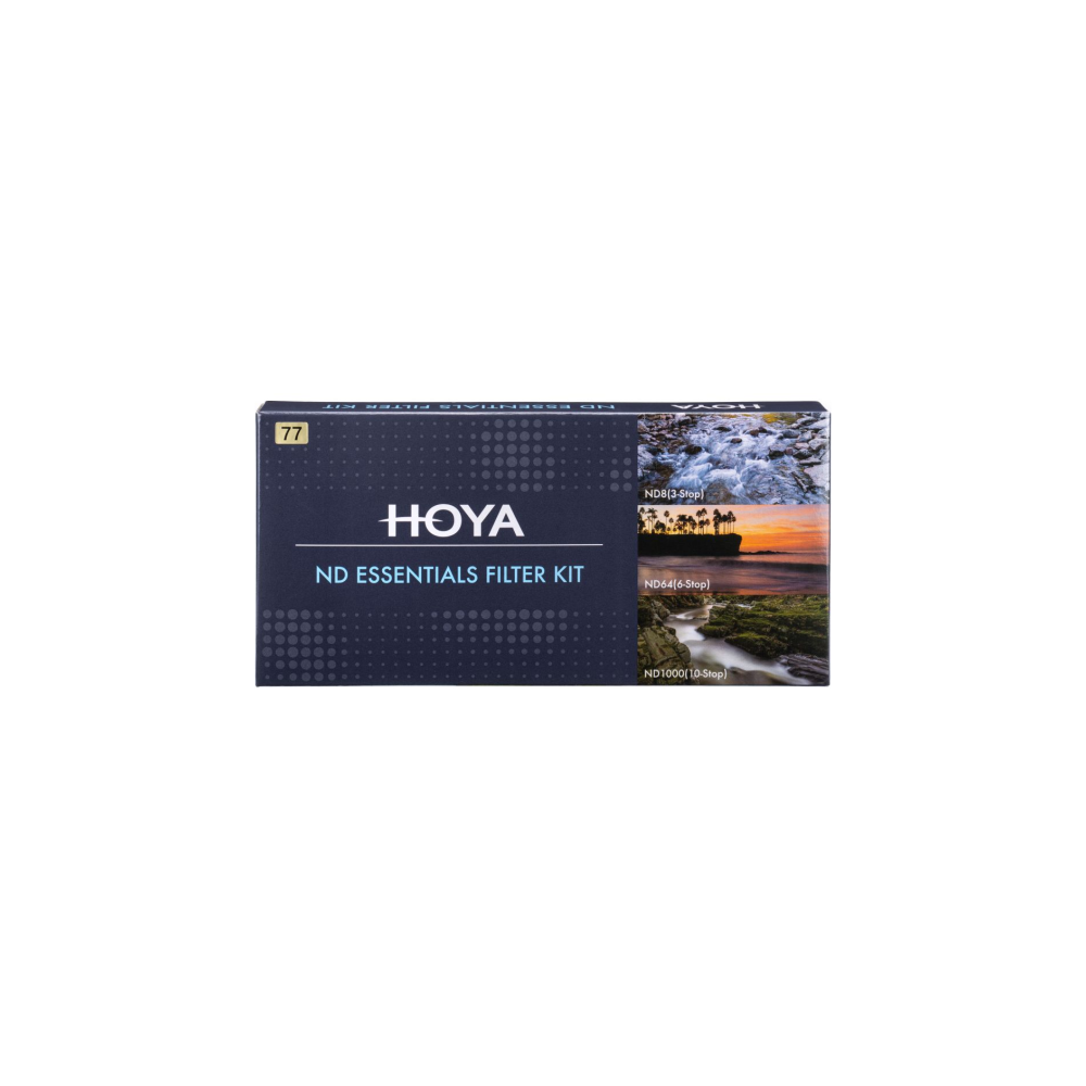 Hoya ND Filter Kit doos met 3 afbeeldingen: waterval, zonsondergang, rotsen.
