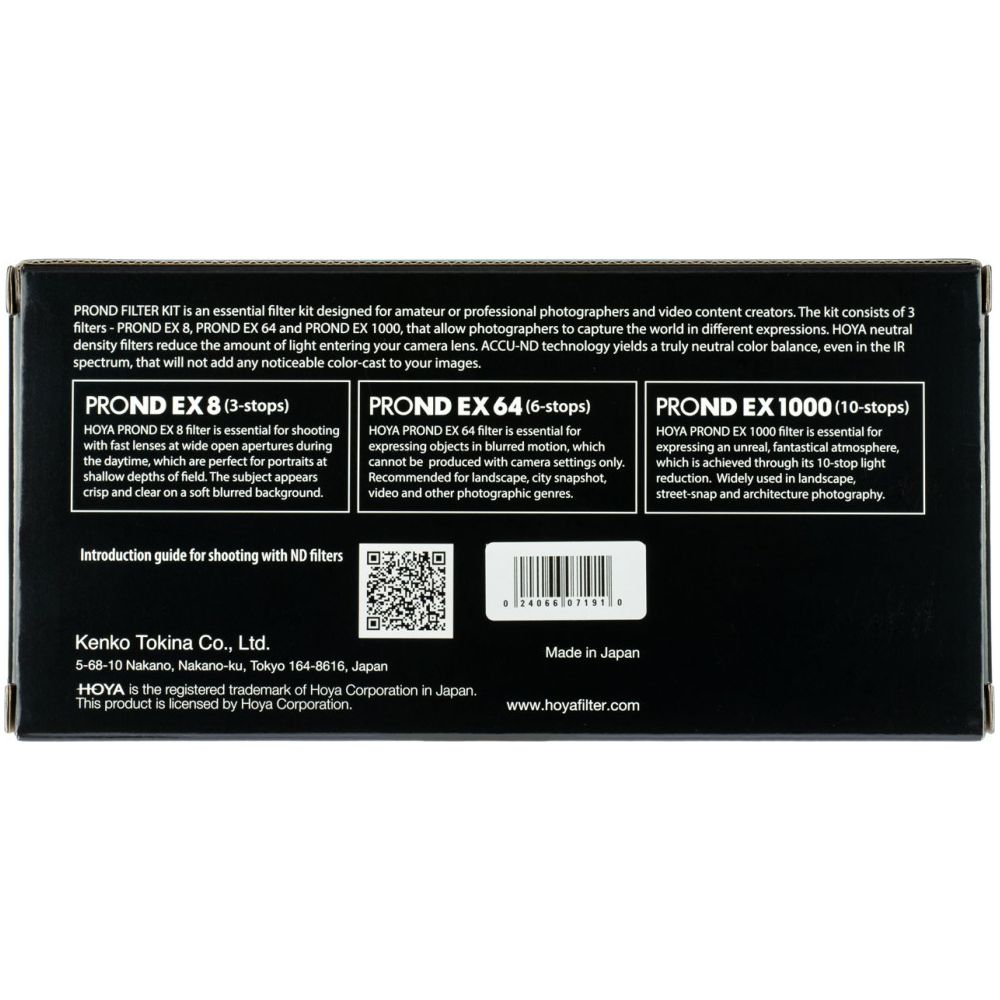 Doos met drie HOYA ND-filters: EX 8, EX 64, EX 1000. Bevat productinfo en QR-code.