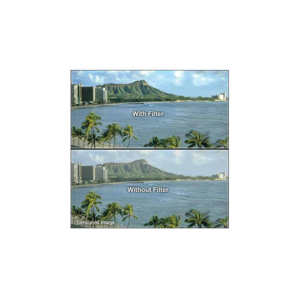 Boven: Strandscène met palmen, gebouwen & Diamond Head met filter. Beneden: Zonder filter.