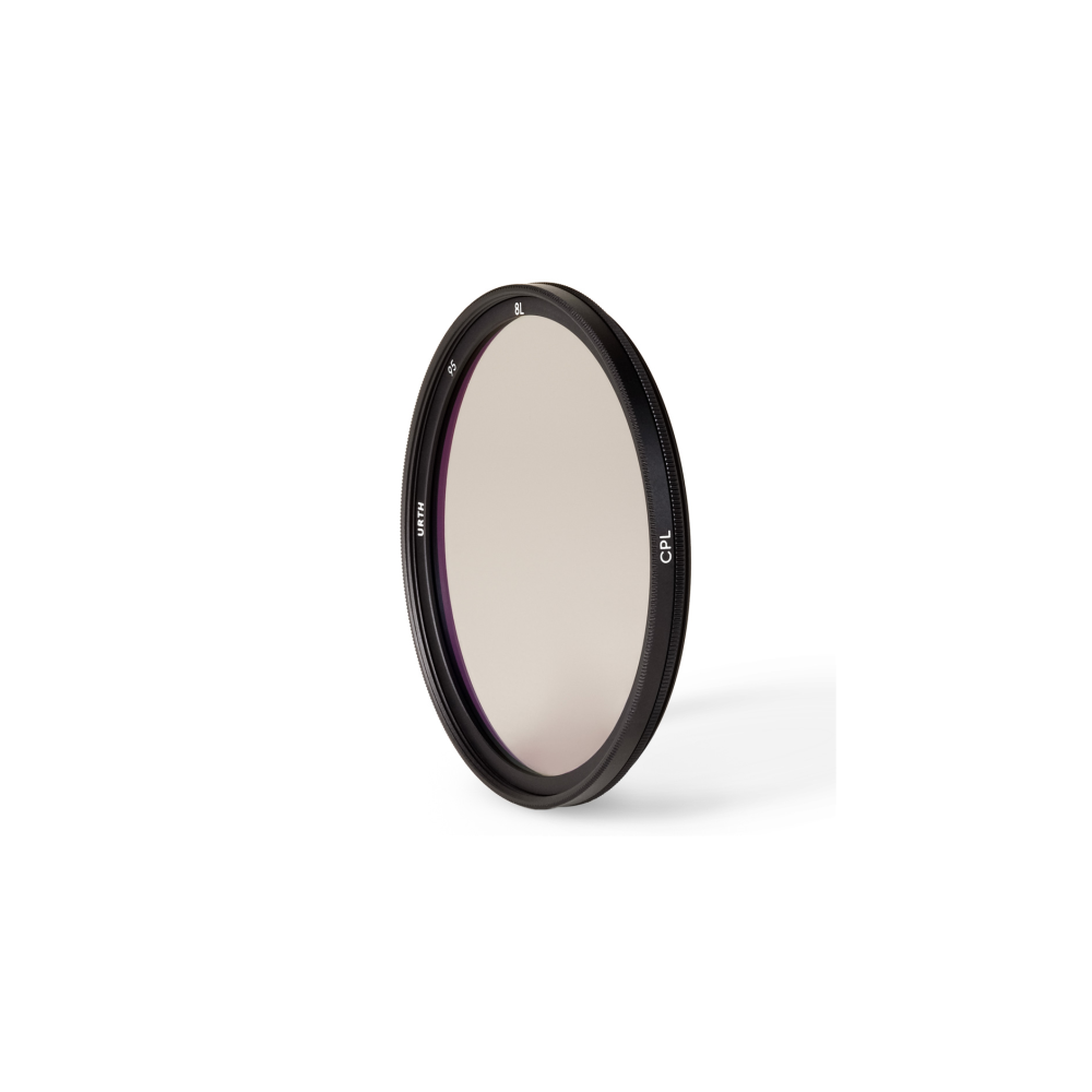A circular polarizer lens filter with a black frame and light gray glass.