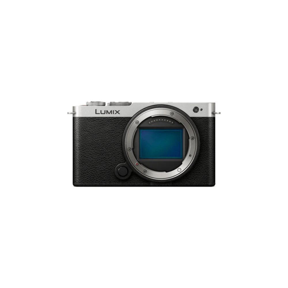 A black Panasonic Lumix camera with a silver top and lens mount.