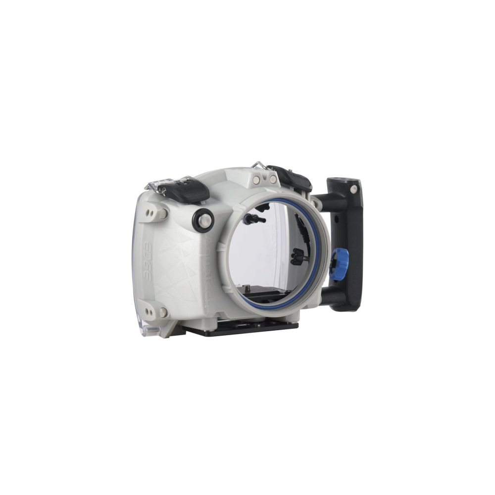 Grijze onderwater camerabehuizing met handvat en blauwe knop.