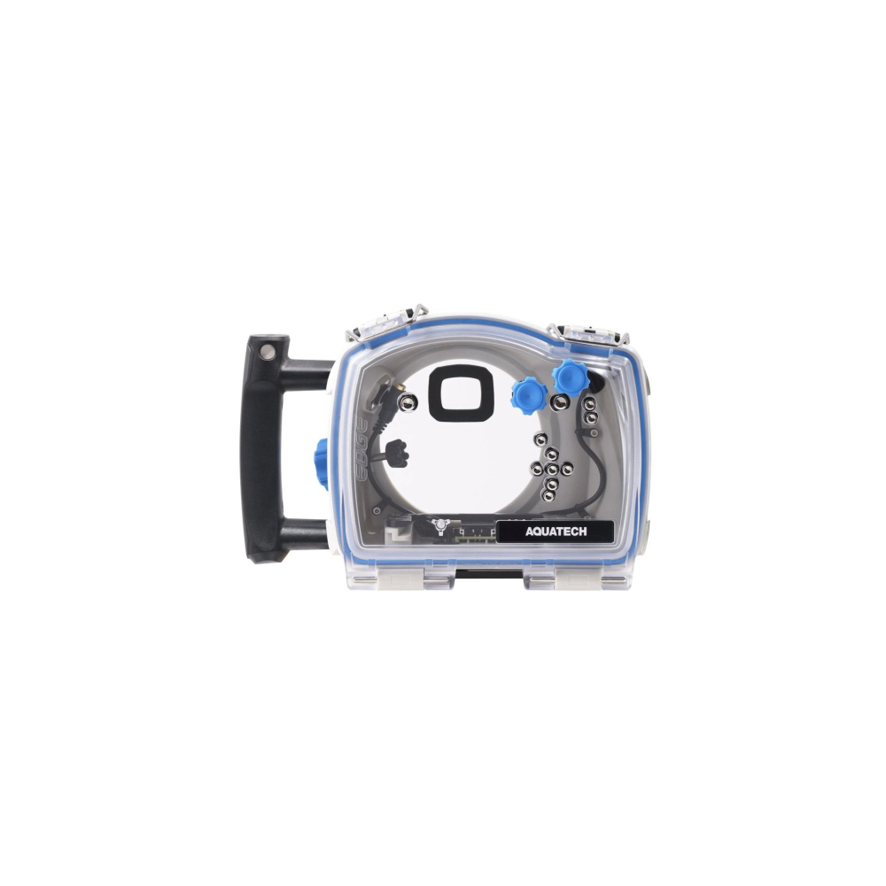 Een blauwe en doorzichtige onderwater camera-behuizing met handvatten en knoppen.