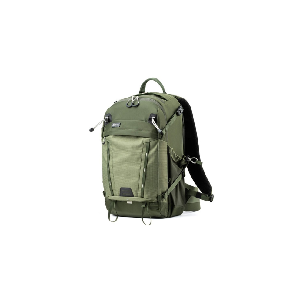 An olive green backpack with multiple compartments and pockets, on a white background.
