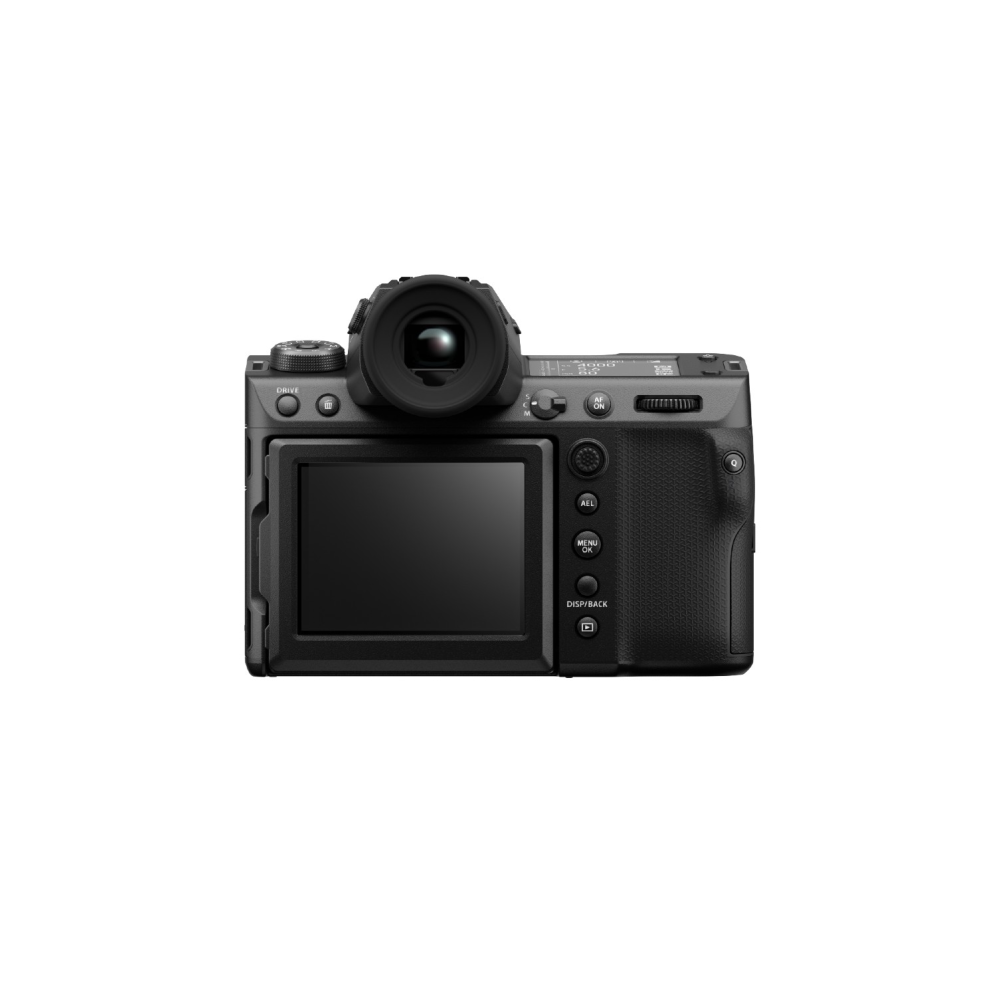 Rear view of a black digital camera with a screen and viewfinder.