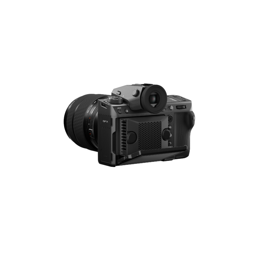 Gray digital camera with lens, viewed from the back, with screen unfolded.