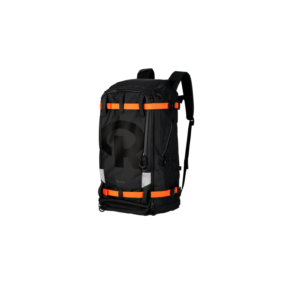 A black backpack with orange straps and a large black R logo.