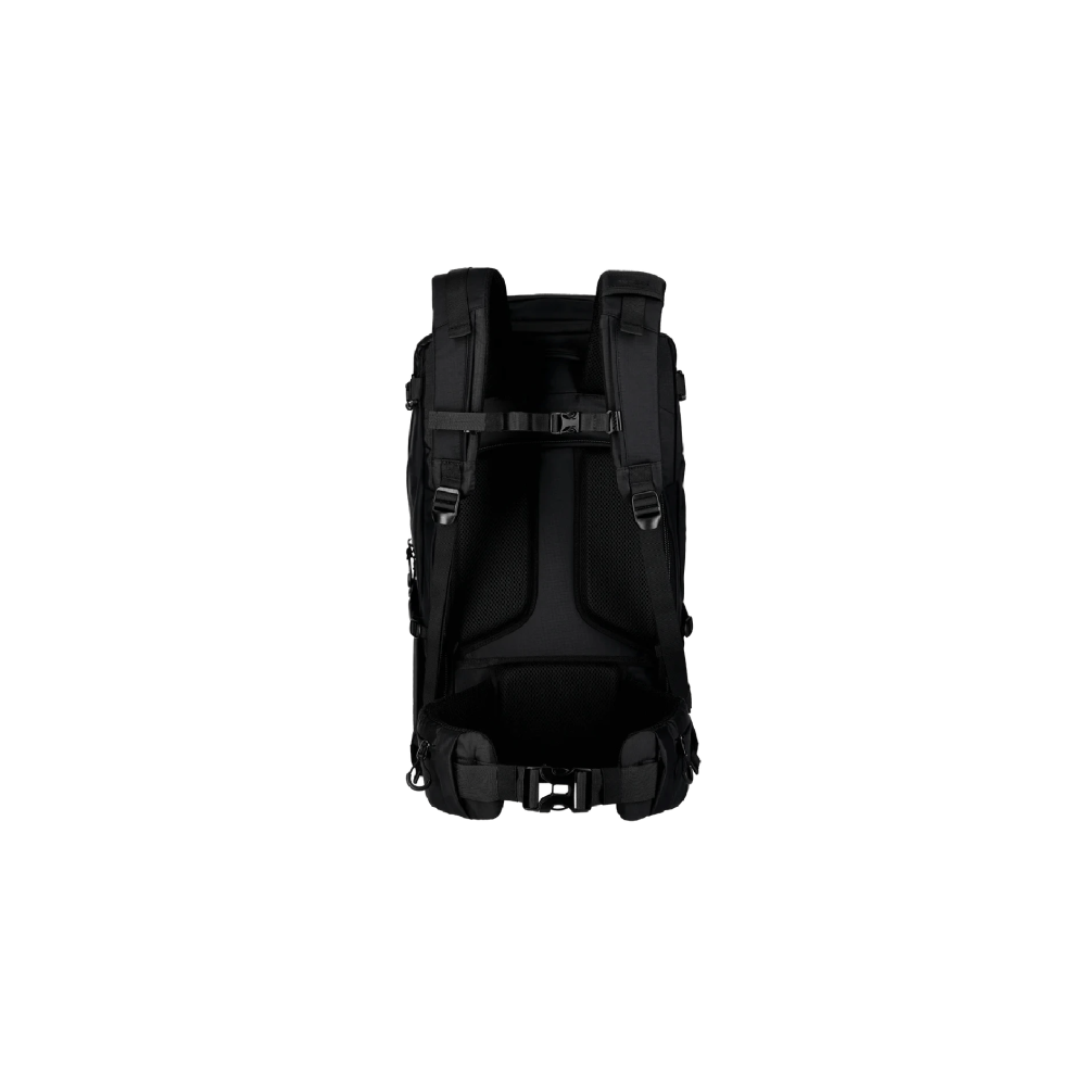 Black backpack with padded straps and hip belt.