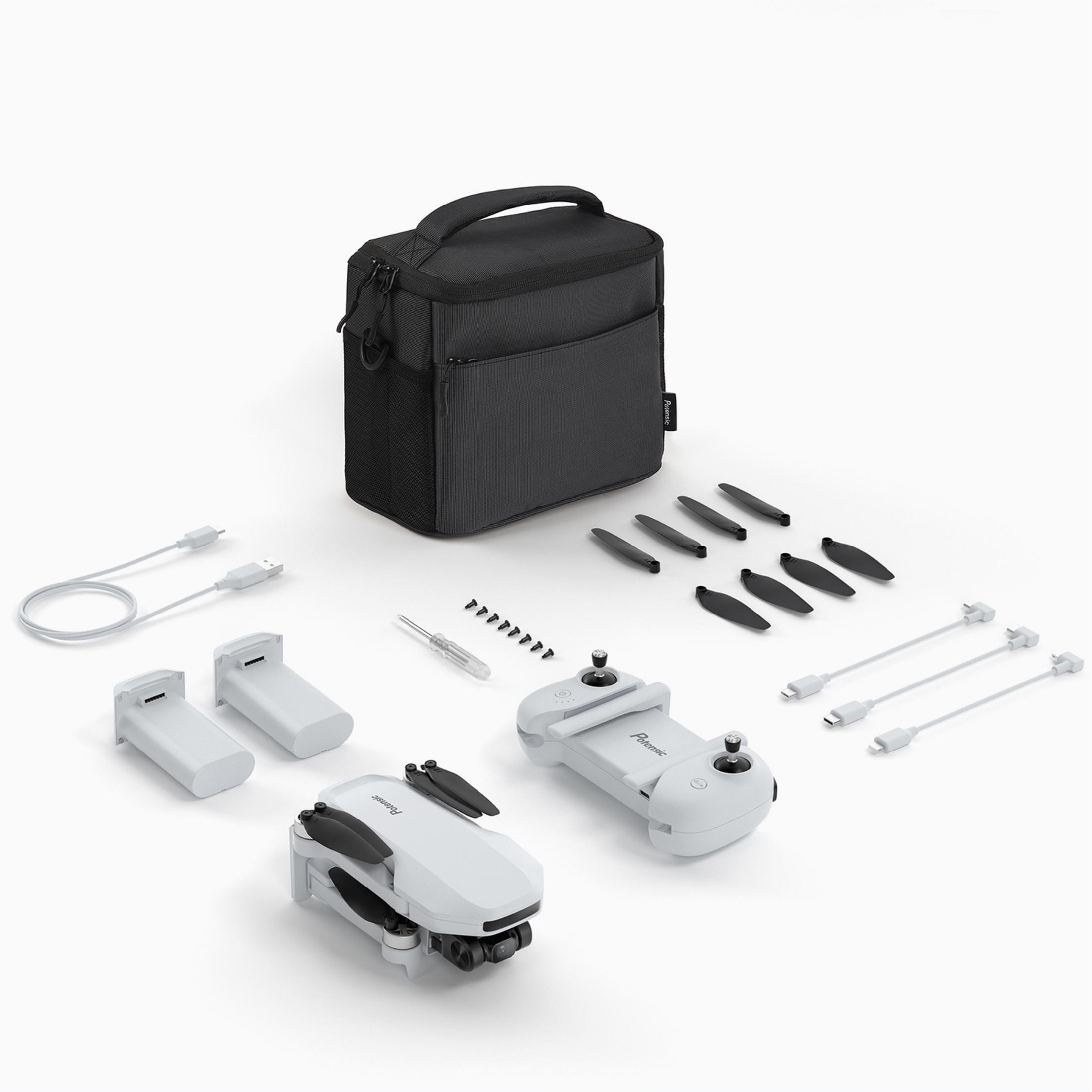 Un set di droni bianco con accessori su sfondo bianco.