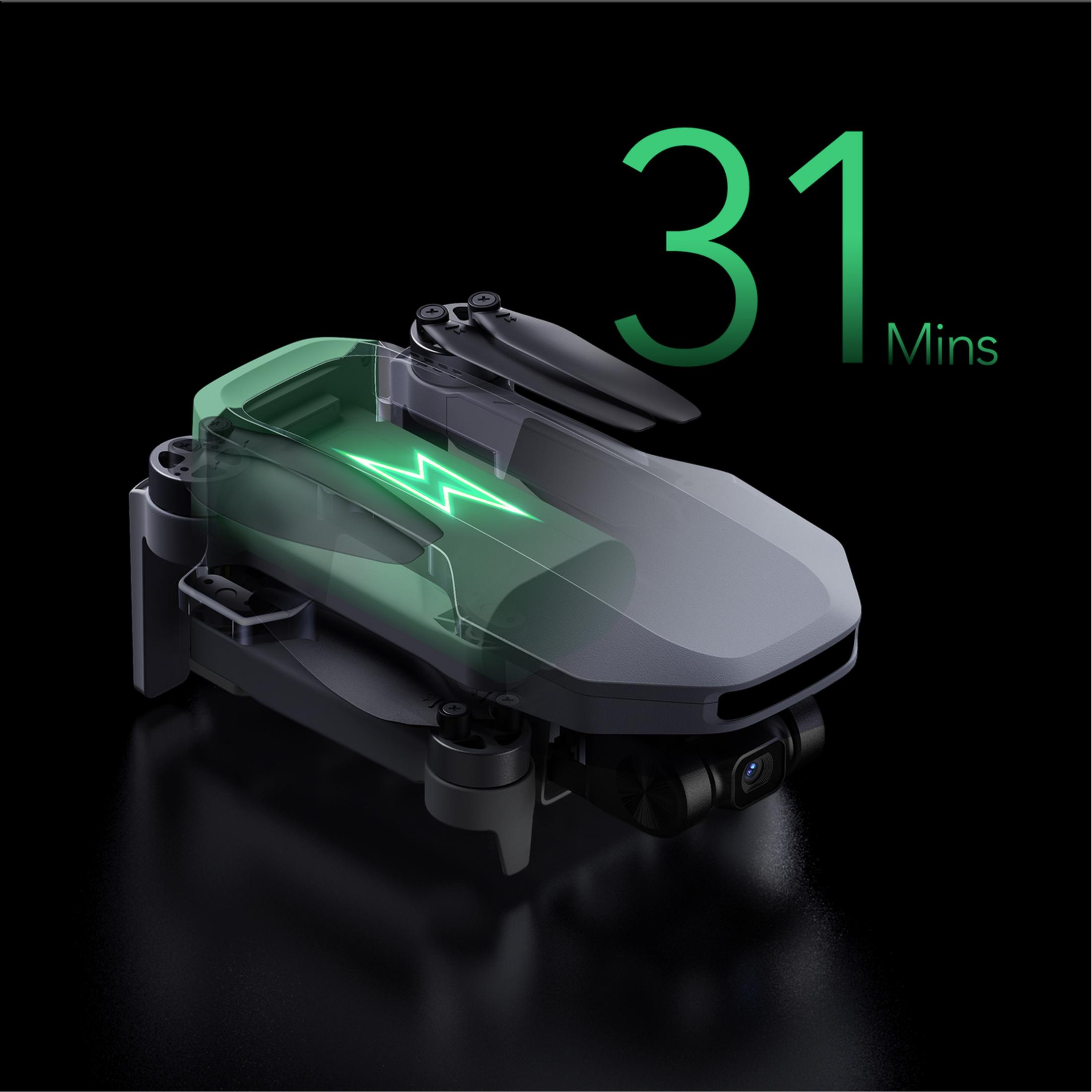 Drone pieghevole grigio con indicatore batteria verde che mostra 31 minuti.