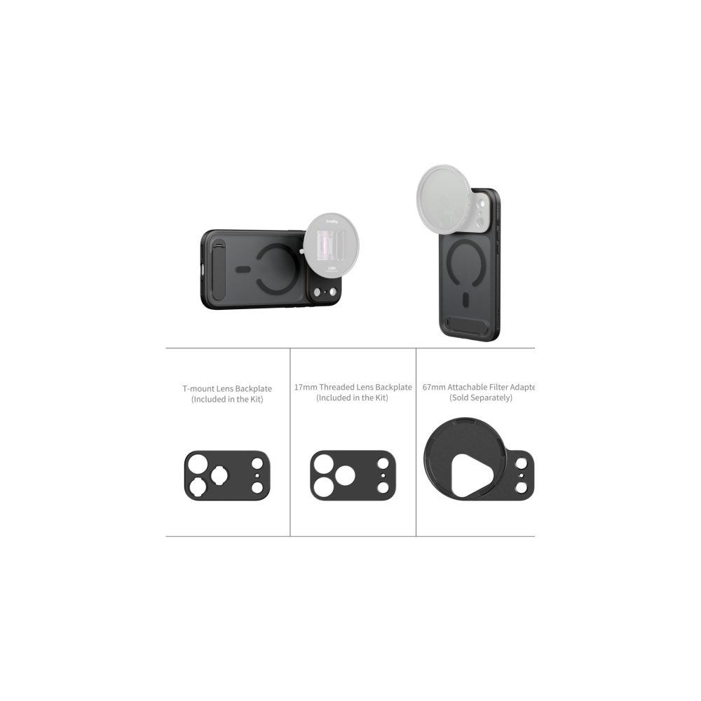 Three phone backplates and a filter adapter on a white background.