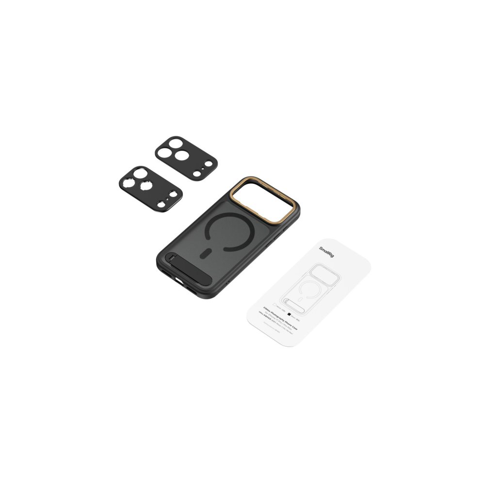 Black phone case with MagSafe, two camera lens covers, and instructions.