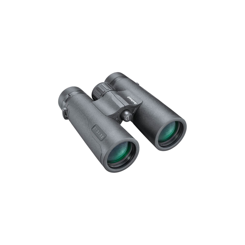 Gray binoculars with green lenses, on a white background.