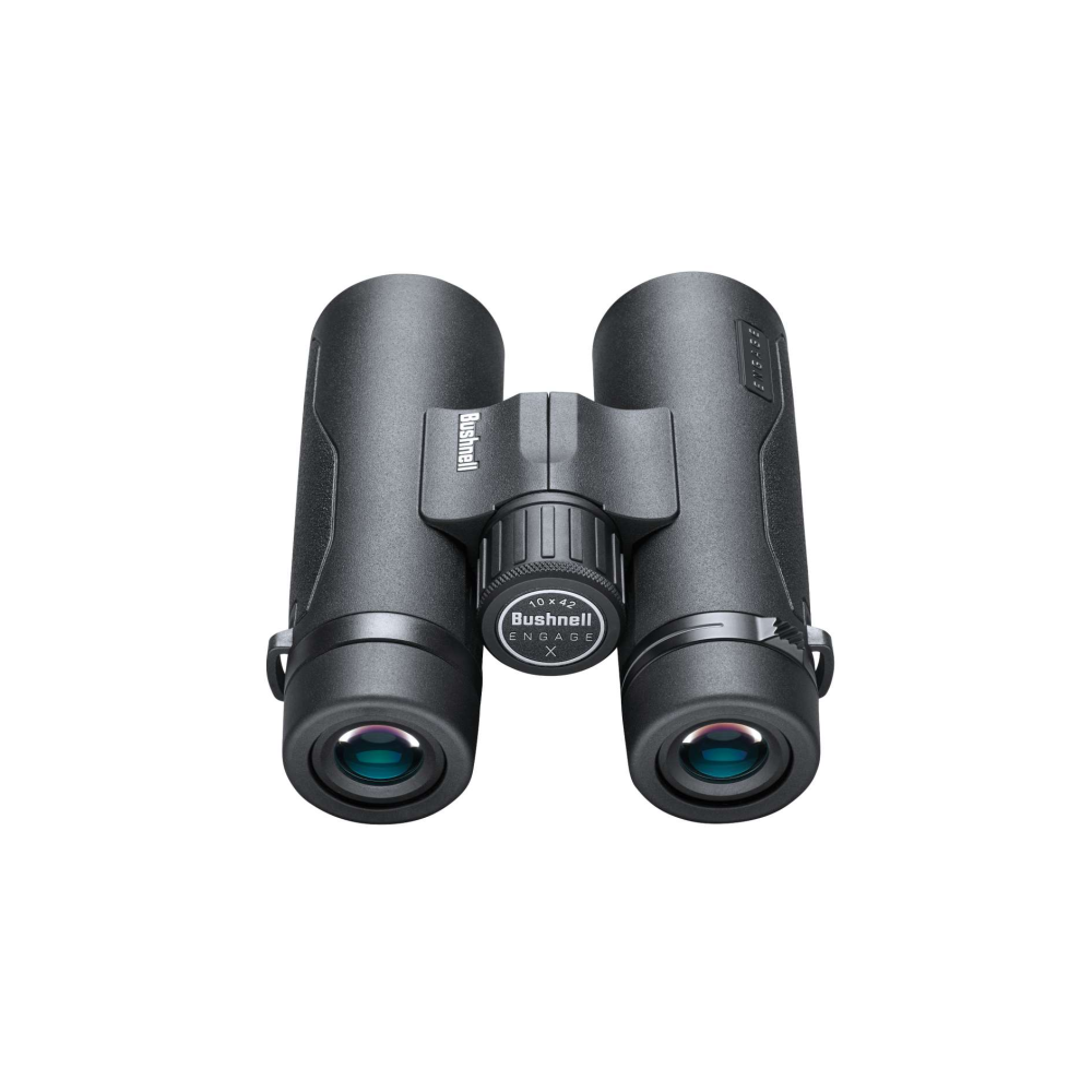 Black Bushnell binoculars with a focus wheel and lens caps.