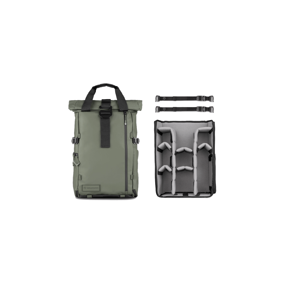 Green backpack with camera insert and straps on a white background.