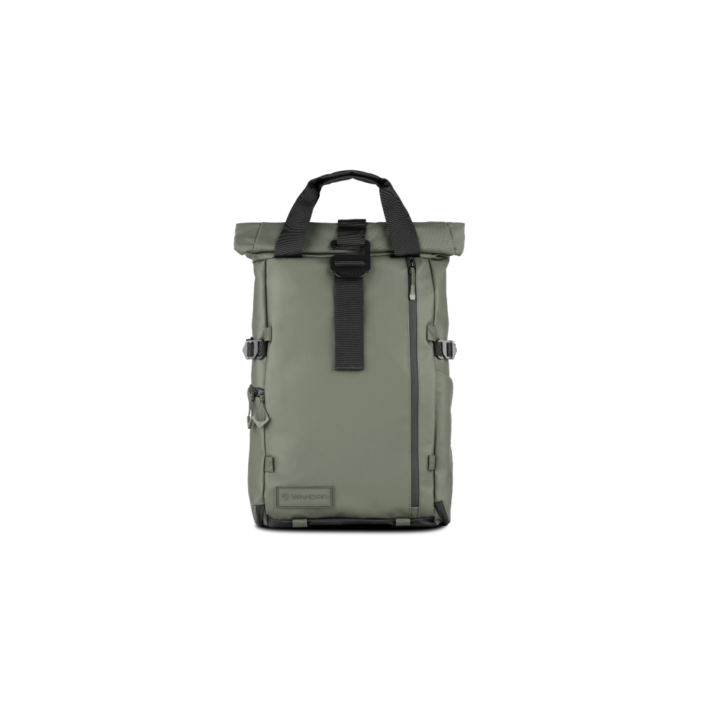 An olive green backpack with black closure and straps. Logo at the bottom.