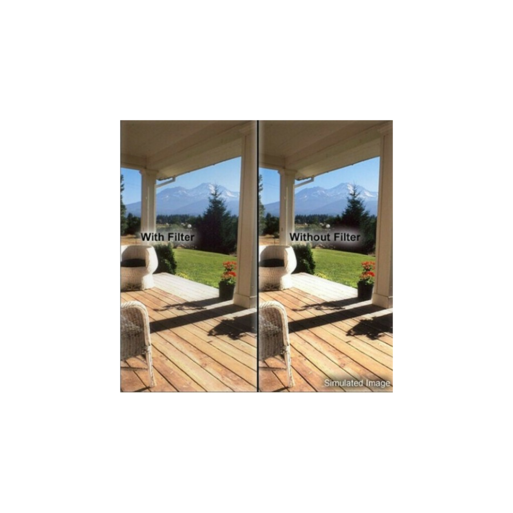 Split image showing a porch with and without filter. Mountains in background.